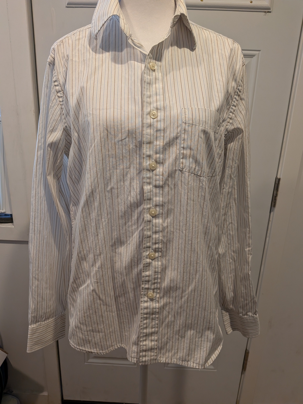 GAP Men's White Shirt with Thin Blue Pinstripes